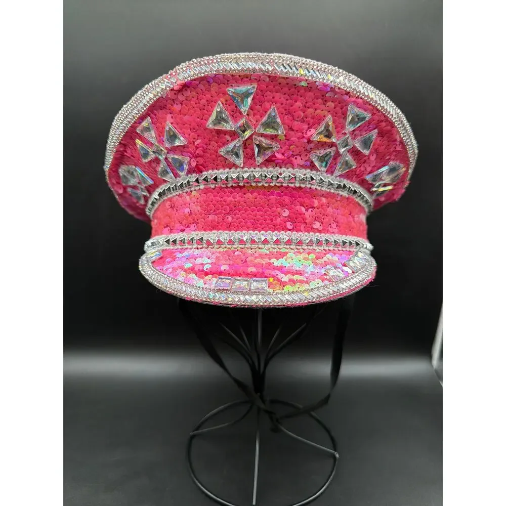 Pink Sequin Rhinestone Captain Hat Jeweled Festival Rave Burning Man Military